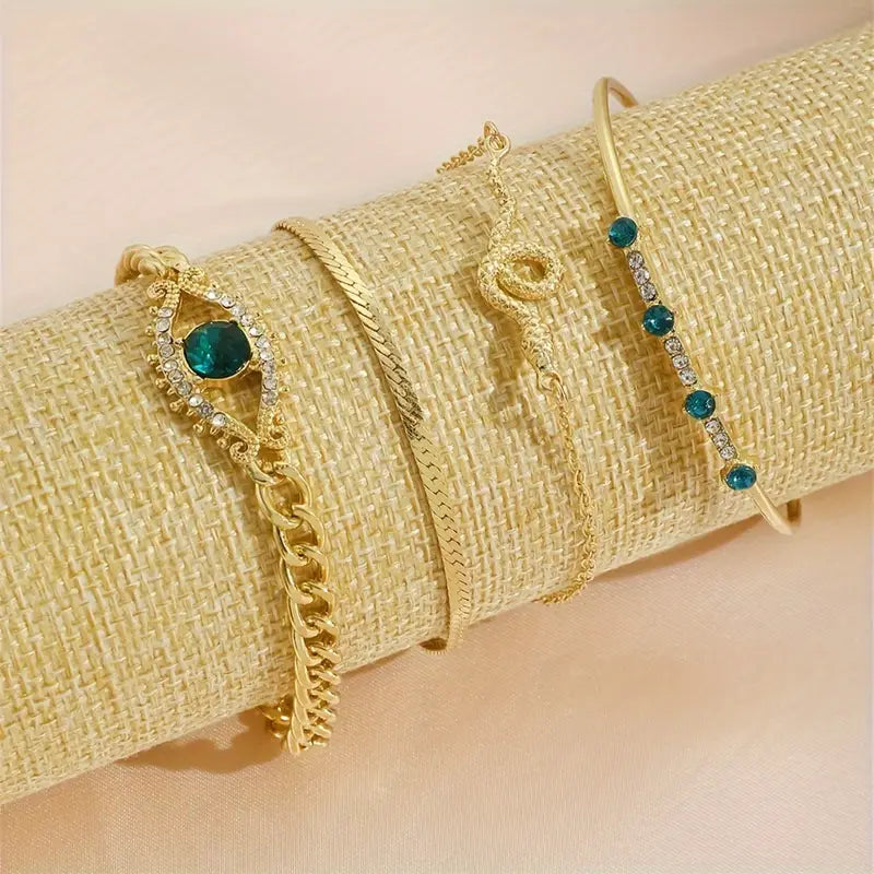 Conjunto Quatro Pulseiras com Olho Verde e Serpente