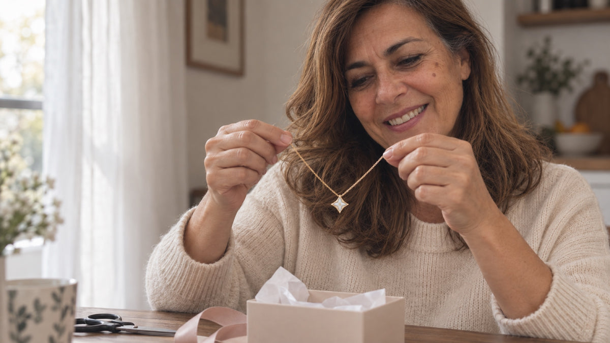 A Ana, à mesa da cozinha, segura pela corrente um colar de estrela de madrepérola antes de o pôr numa caixa de prenda.
