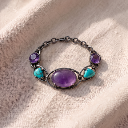 Pulseira Rígida Aberta com Pedra Roxa Oval