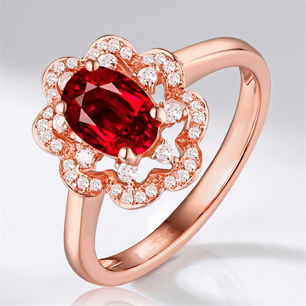 Anel Oval Vermelho com Pétalas de Pedrinhas