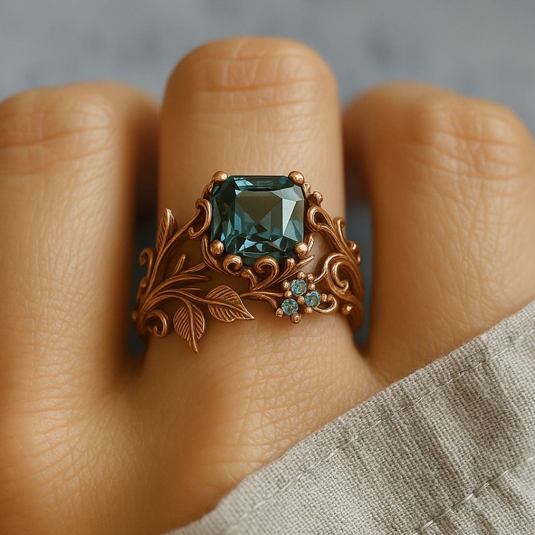 Anel Pedra Verde Quadrada com Folhas