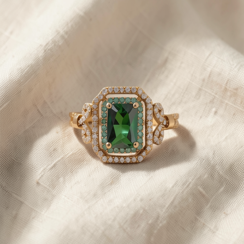 Anel Rectangular Verde com Moldura Dupla
