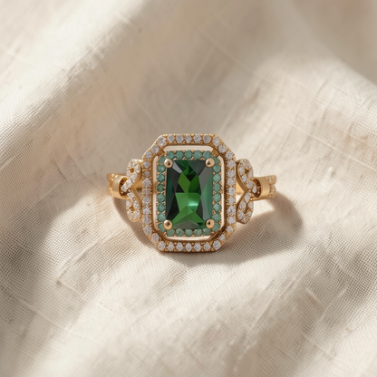 Anel Rectangular Verde com Moldura Dupla