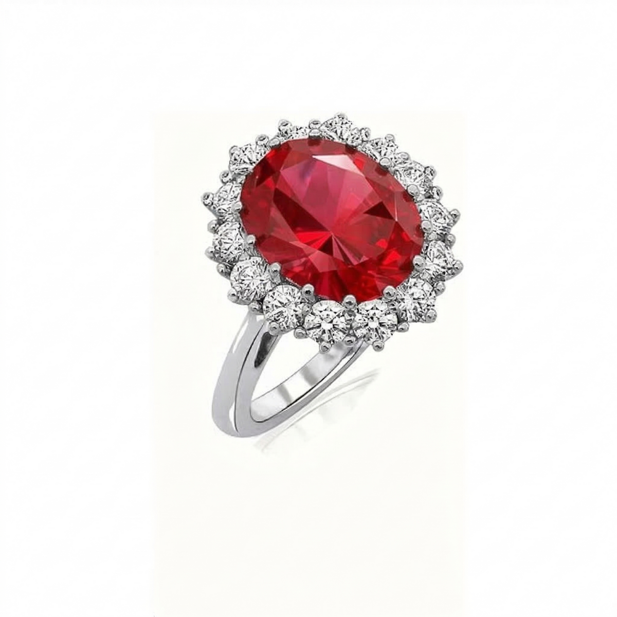 Anel Oval Vermelho Grande com Orla de Pedras Brancas