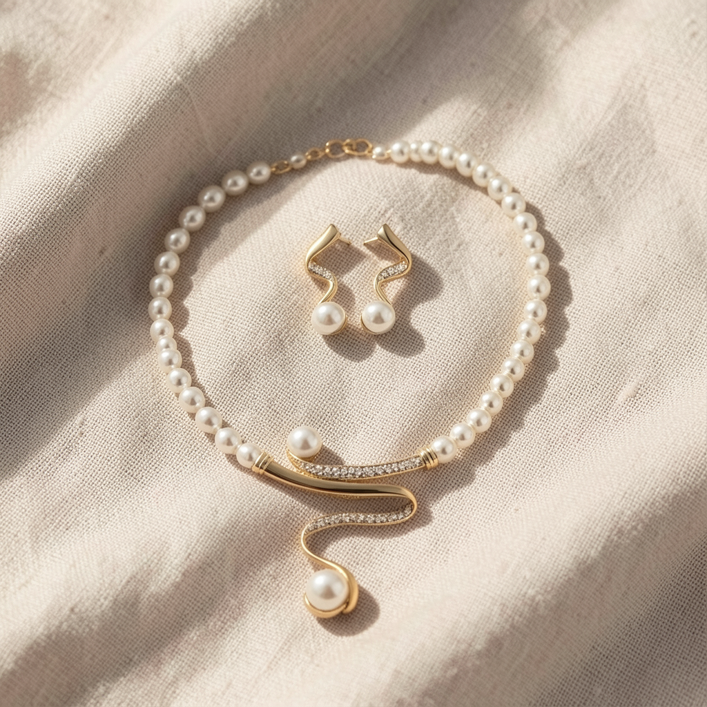 Conjunto Colar e Brincos Pérolas com Onda Dourada