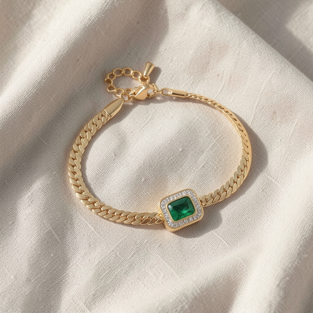 Pulseira Barbela Achatada com Rectângulo Verde