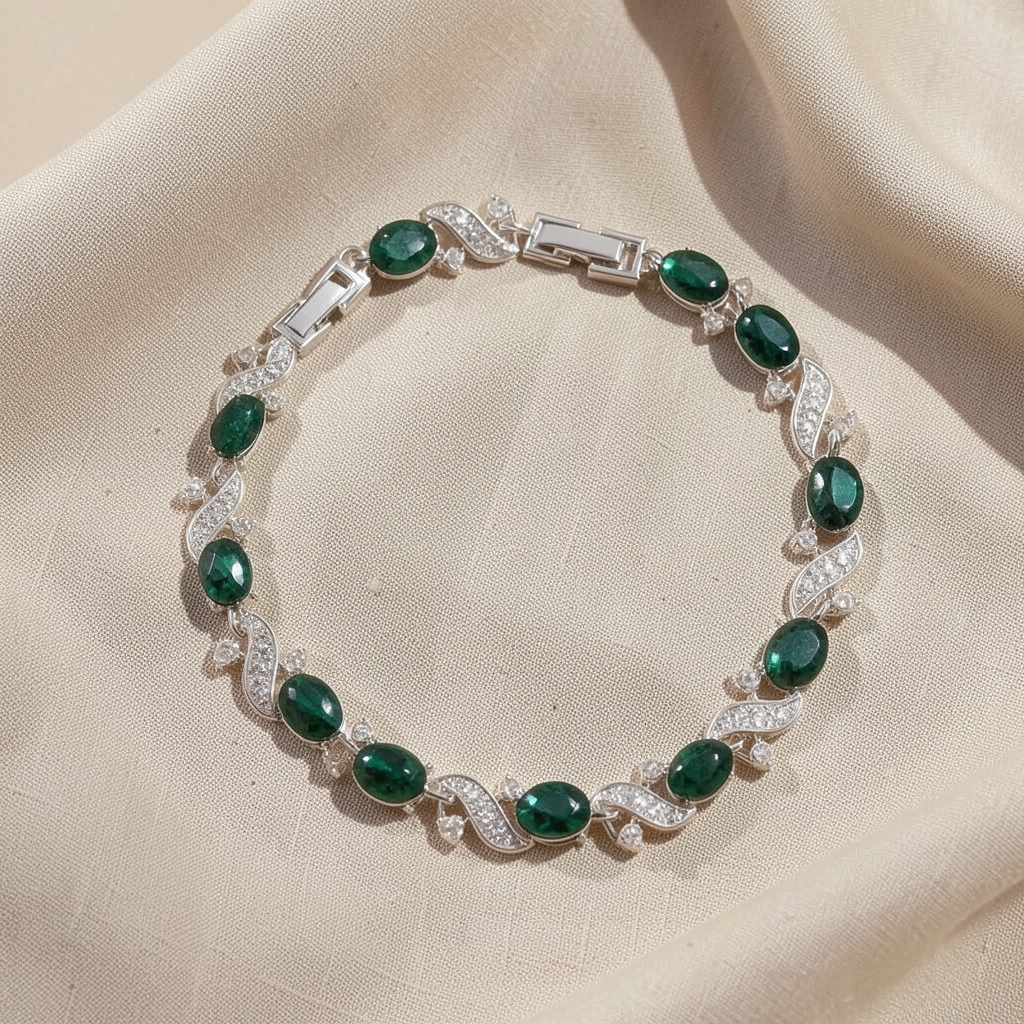 Pulseira Ovais Verdes com Ondas de Pedrinhas