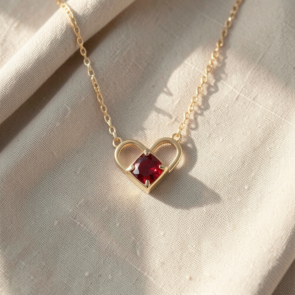 Colar Coração Aberto com Pedra Vermelho-Escura