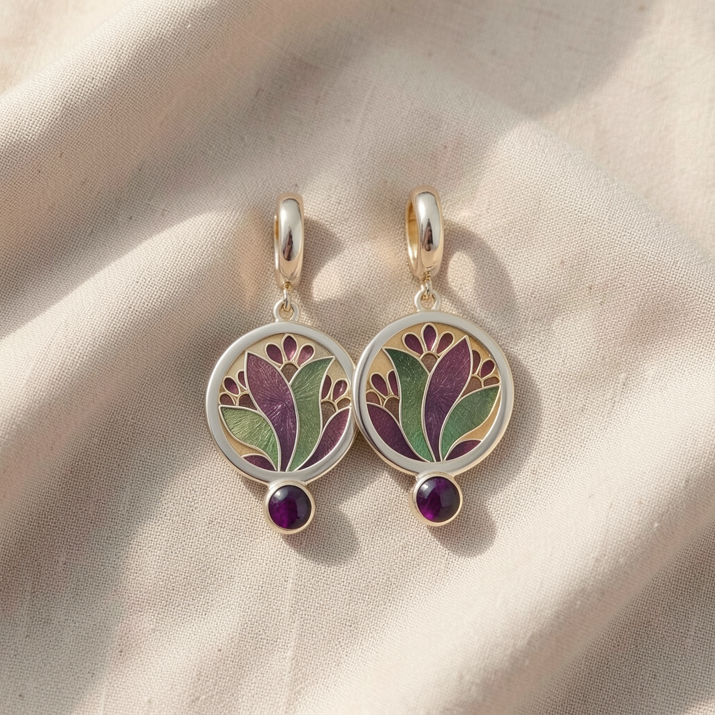 Brincos Medalhão de Flor com Pedra Roxa