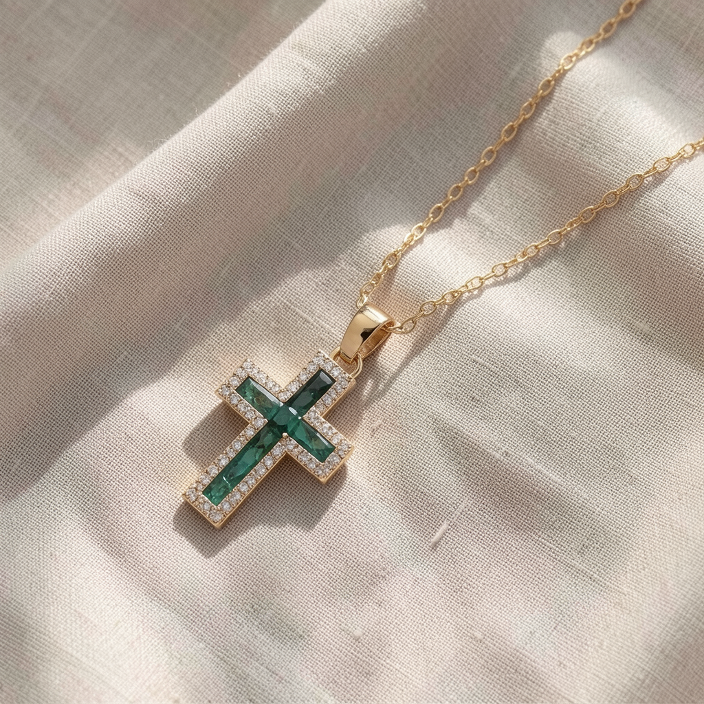 Colar Cruz com Pedras Verdes Quadradas