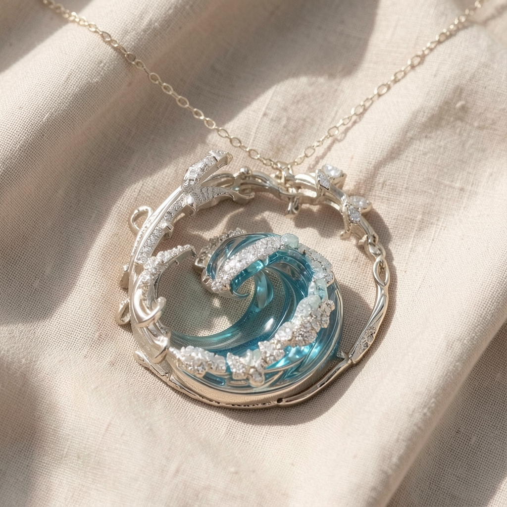 Colar Onda Azul-Clara em Aro